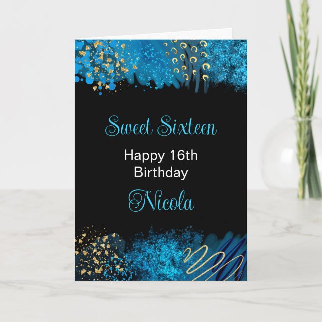 Blue Alcohol Ink Sweet 16 Card (Front)