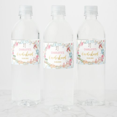 Blue Alice in Onederland Birthday Party Favors Water Bottle Label