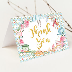 Blue Alice in Wonderland Tea Party Birthday Letterpress Thank You Card
