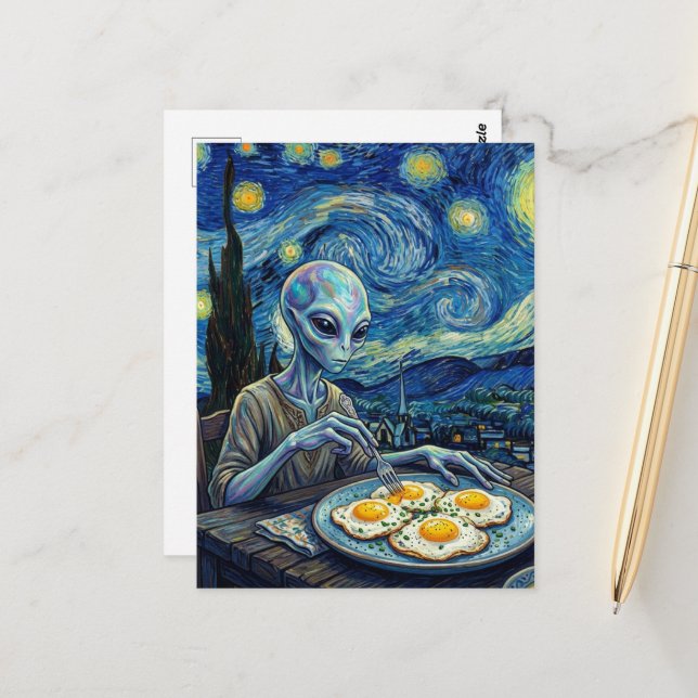 Blue Alien Eating Fried Eggs Faux Van Gogh Postcard (Front/Back In Situ)