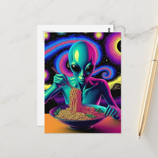 Blue Alien Eating Noodles  Postcard (Front/Back In Situ)