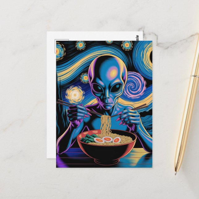 Blue Alien Eating Ramen Postcard (Front/Back In Situ)