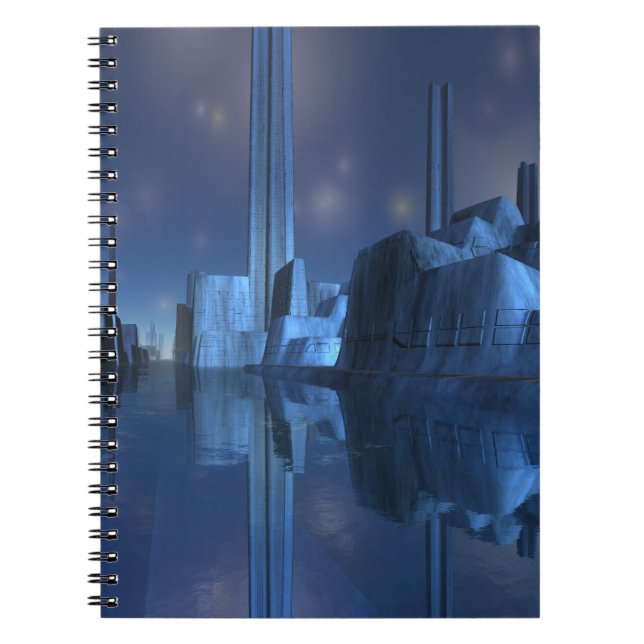 Blue Alien Harbor City Spiral Notebook (Front)