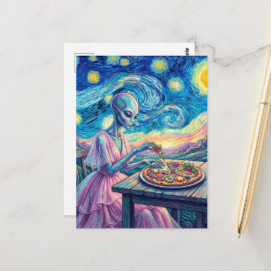 Blue Alien in Pink Dress Eats Pizza Faux Van Gogh Postcard