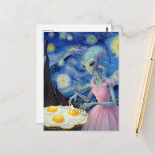 Blue Alien Pink Dress Eat Fried Eggs Faux Van Gogh Postcard
