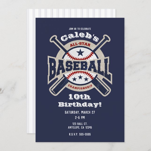 Blue All Star Sport Baseball Birthday Party Invitation (Front/Back)