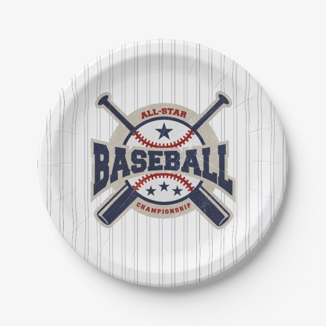 Blue All Star Sport Baseball Birthday Party Paper Plates (Front)