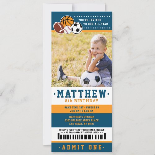 Blue All Star Sport Ticket Birthday Party Photo Invitation