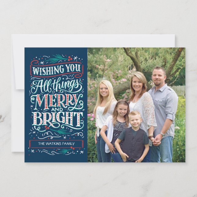 Blue All Things Merry & Bright Holiday Photo Card (Front)