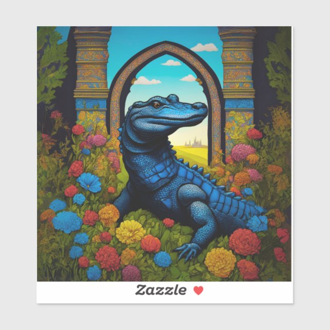 Blue Alligator With Flowers Fantasy Art Sticker (Sheet)