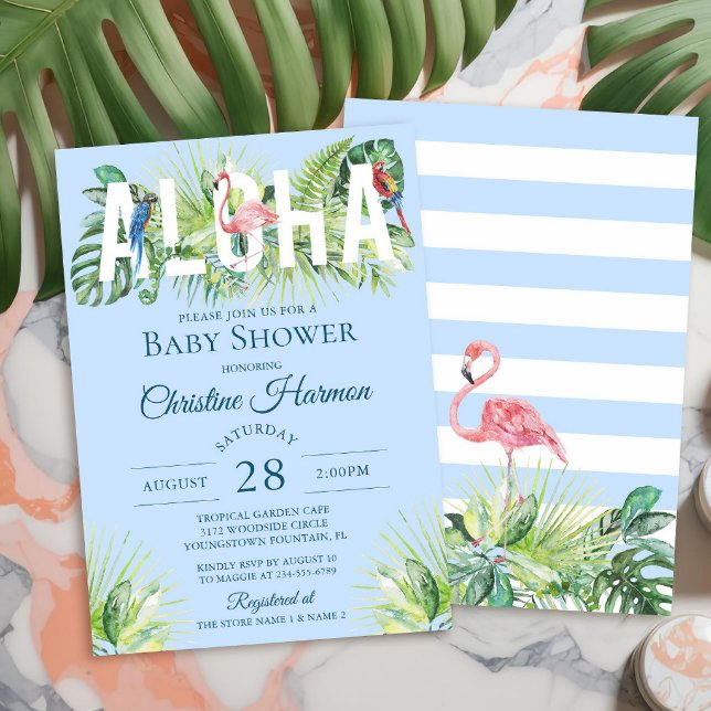 Blue Aloha Flamingo Tropical Birds Boy Baby Shower Invitation