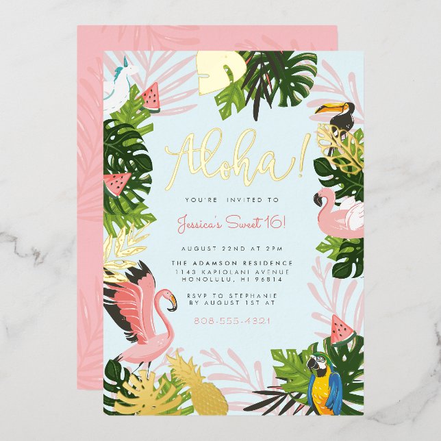 Blue | Aloha Hawaii Tropical Gold Birthday Party Foil Invitation (Front/Back)