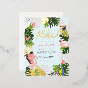 Blue Aloha Hawaii Tropical Gold Birthday Party Foil Invitation Postcard