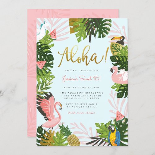 Blue  Aloha Hawaii Tropical Gold Birthday Party Invitation