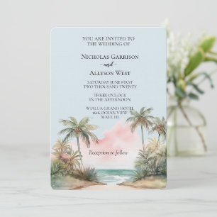 Blue Aloha Tropical Beach Palm Trees Wedding Invitation