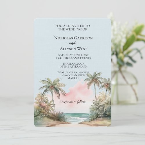 Blue Aloha Tropical Beach Palm Trees Wedding Invitation