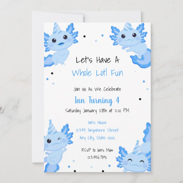 Blue Alotl Fun Party Axolotl Birthday Invitation (Front)
