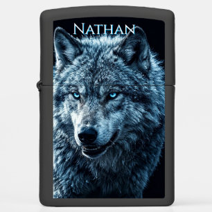 Blue Alpha Wolf Head Portrait High Contrast Zippo Lighter