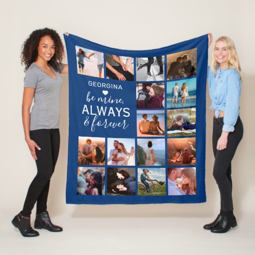 Blue Always & Forever Photo Collage Fleece Blanket - Personalized couples fleecy blanket featuring a stylish blue background that can be changed to any color, 16 photos of your choice, the name of the recipient, a white heart symbol, and the sweet text that reads "be mine, always & forever".