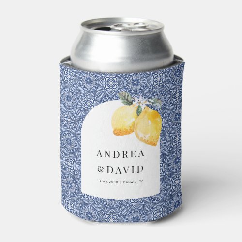 Blue Amalfi Coast Italian Tile Lemon Wedding Favor Can Cooler