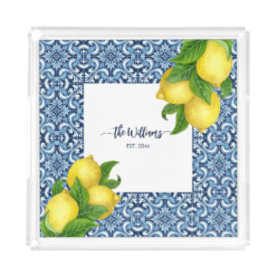 Blue Amalfi Italian ornate tiles and lemons custom Acrylic Tray