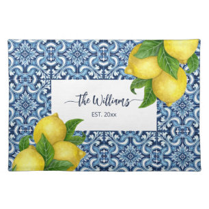 Blue Amalfi Italian ornate tiles and lemons custom Cloth Placemat