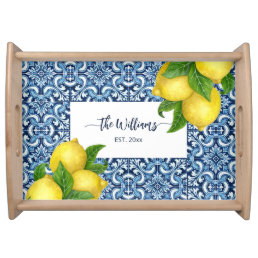 Blue Amalfi Italian ornate tiles and lemons custom Serving Tray