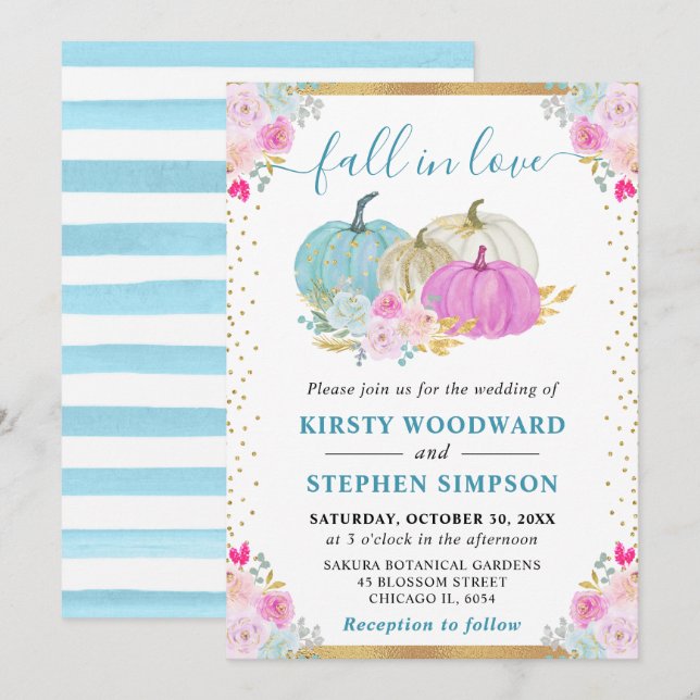 Blue amd Purple Floral Pumpkins Fall Wedding Invitation (Front/Back)