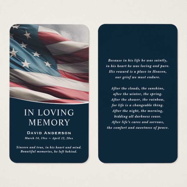 Blue American Flag Memorial Prayer Cards (Front & Back)