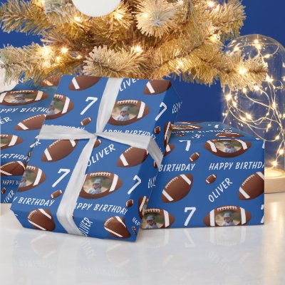 Blue American Football Ball Happy Birthday Photo Wrapping Paper