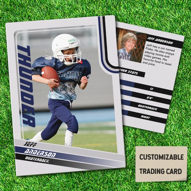 Blue American Football Trading Card For Kids (American Football Player Trading Card for Kids in Grey with Custom Team and Player Name Blue)