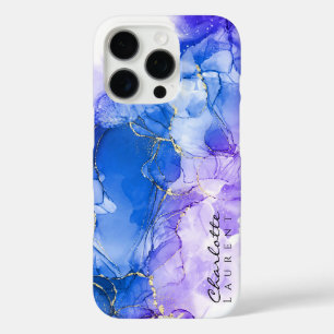 Blue Amethyst Gold Alcohol Ink Customizable iPhone 16 Pro Case