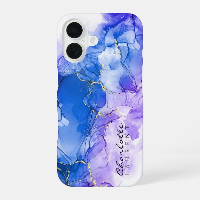 Blue Amethyst Gold Alcohol Ink Customizable  iPhone Case (Back)