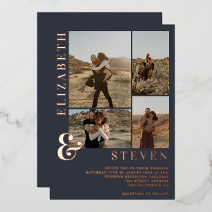 Blue ampersand 4 photo grid wedding rose gold foil invitation