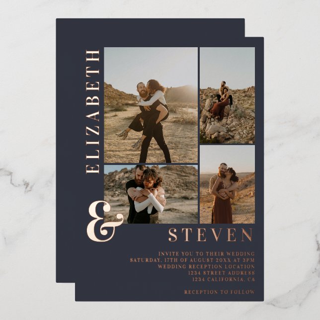 Blue ampersand 4 photo grid wedding rose gold foil invitation (Front/Back)
