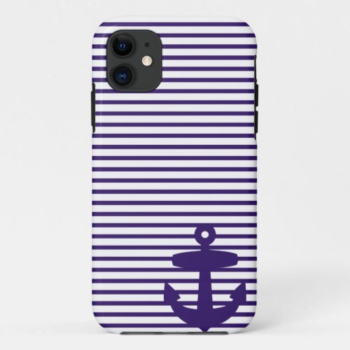 Blue Anchor and Navy Blue Sailor Stripes iPhone 11 Case