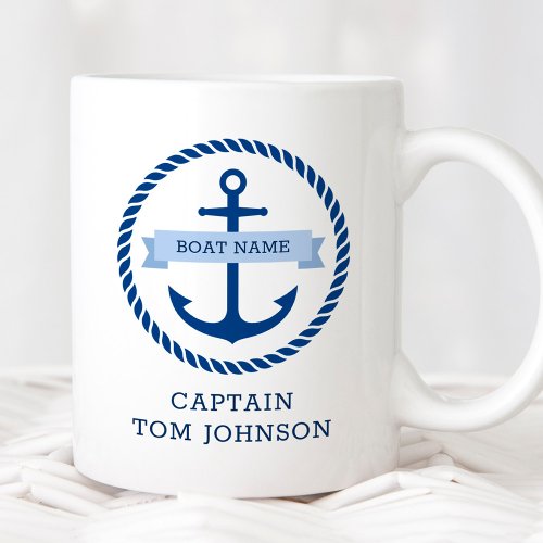 Blue anchor and rope border boat name on banner coffee mug