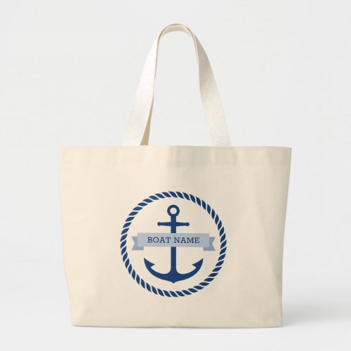 Blue anchor and rope border boat name on banner large tote bag