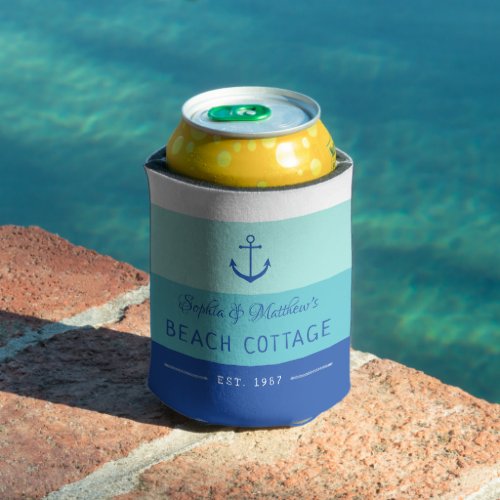 Blue Anchor Beach Home Striped Can Cooler