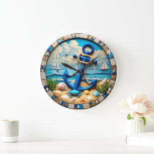 Blue Anchor Beach Sailboats Ocean Large Clock