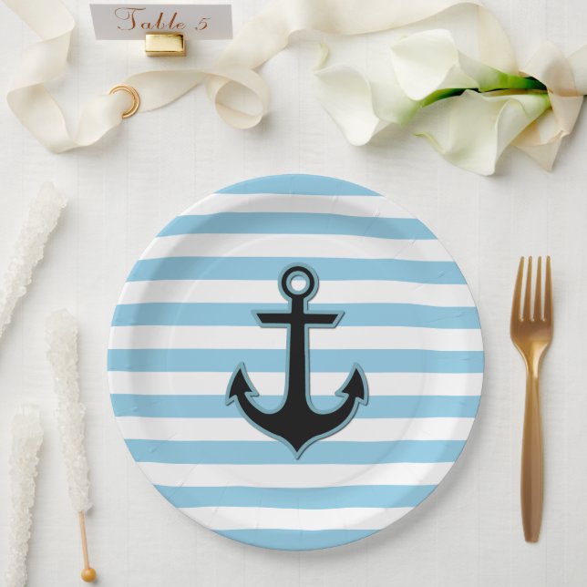 Blue Anchor, Boat Anchor, Ship Anchor, Stripes Paper Plates (Wedding)