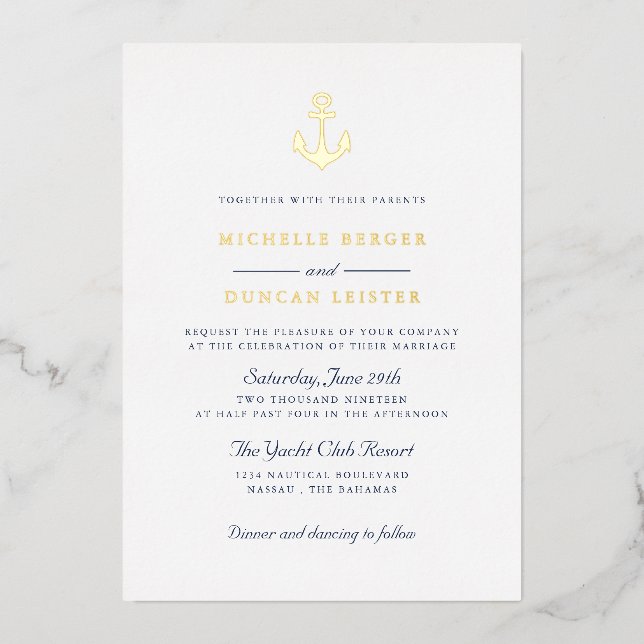Blue Anchor Classic Nautical Yacht Club Wedding Foil Invitation (Front)