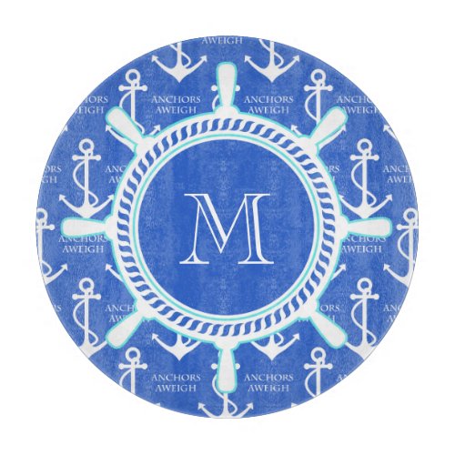 Blue Anchor Coastal Nautical Monogram Cutting Board