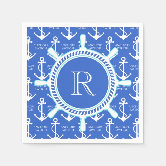 Blue Anchor Coastal Nautical Monogram Paper Napkins (Front)