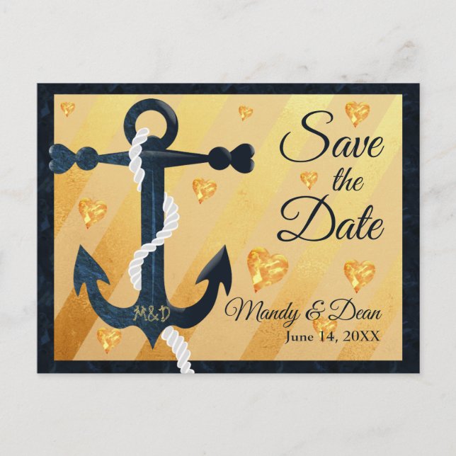 Blue anchor golden hearts Save the Date postcard (Front)