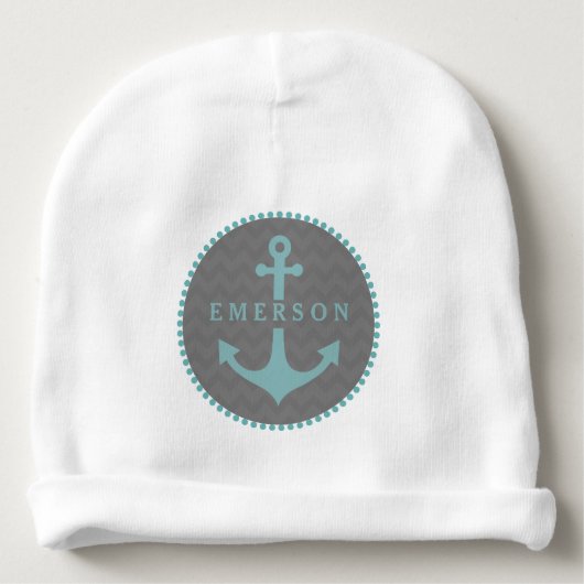 Blue Anchor + Gray Chevron Baby Beanie (Front)