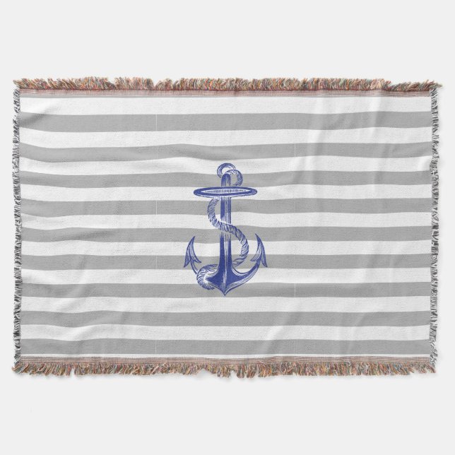 Blue Anchor Gray White Stripe Throw Blanket (Front)