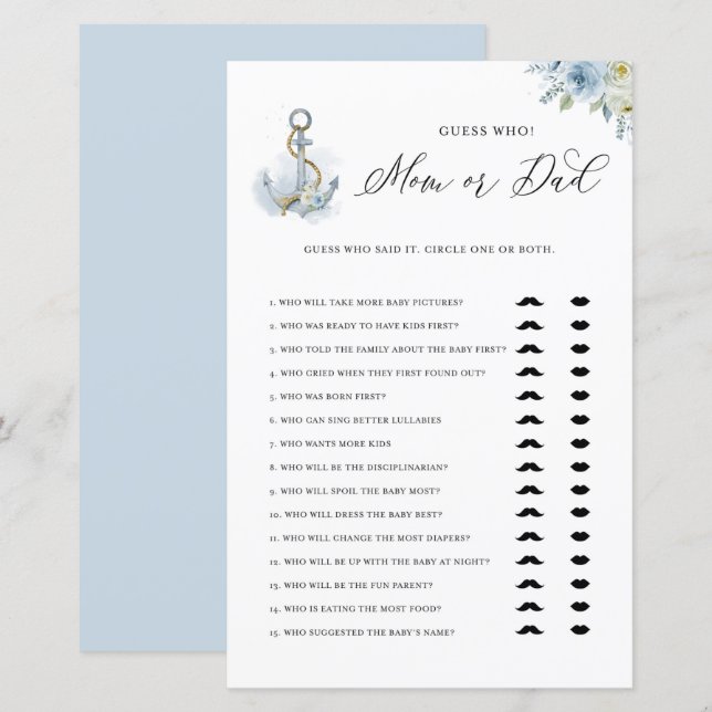 Blue Anchor Mom or Dad Baby Shower Game Card (Front/Back)