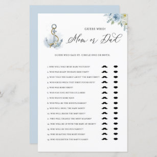 Blue Anchor Mom or Dad Baby Shower Game Card