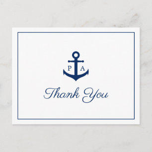 Blue Anchor Monogram Nautical Wedding Thank You Postcard